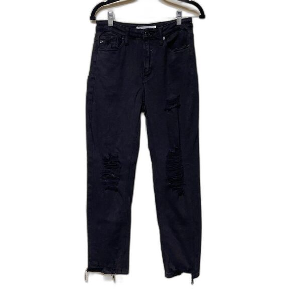 KANCAN High-Rise Distressed Slim Straight Black Denim Jeans, Sz 5/26 - Picture 2 of 9